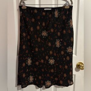 Vintage Jessica Black Midi Skirt with Red + Brown Floral Pattern